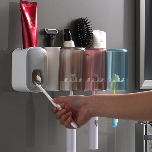 ecoco Creative Toothbrush Storage Rack No-Punch Mouthwash Cup Wall-mounted Bathroom Automatic Toothpaste Squeezer