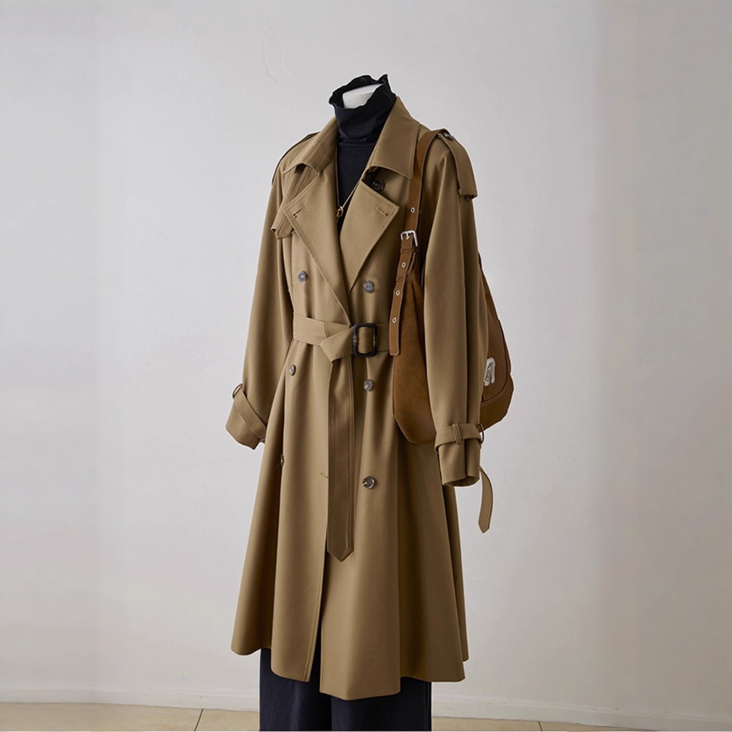 Women's Clothing 2025 New Popular Style Trench Coat Khaki Double-Breasted Mid-Length Coat with Drape and No Pilling