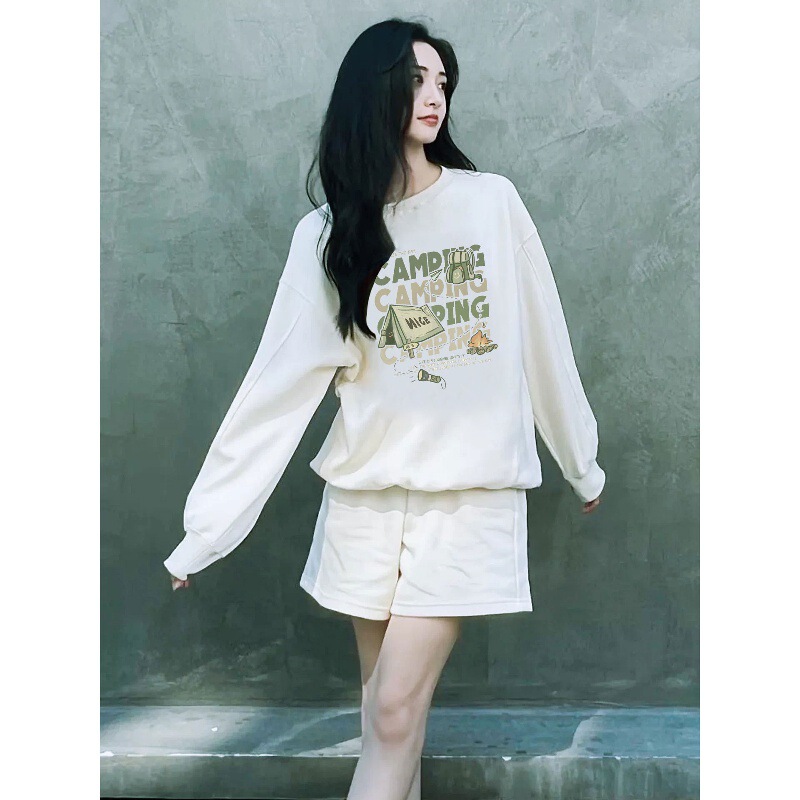 Zhou Jieqiong Star's Same Style Cartoon White Round Neck Sweatshirt for Women 2025 Autumn and Winter Fleece-Lined Casual Versatile Top Jacket