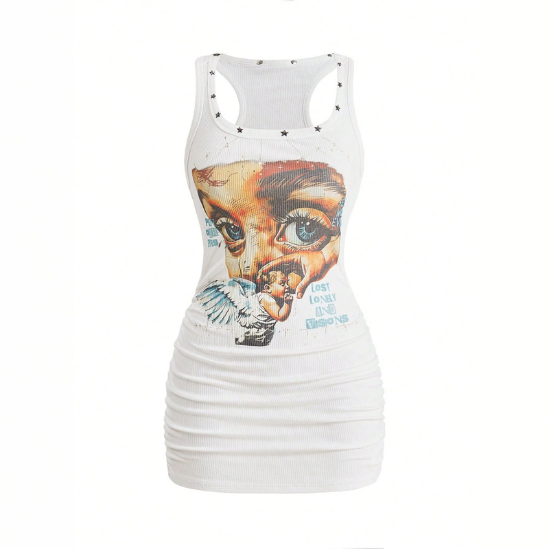Cross-border Y2K tank top bodycon mini skirt with star studs, angel portrait print, and side ruffles for a hot girl look Cross-border Y2K tank top bodycon mini skirt with star studs, angel portrait print, and side ruffles for a hot girl look
