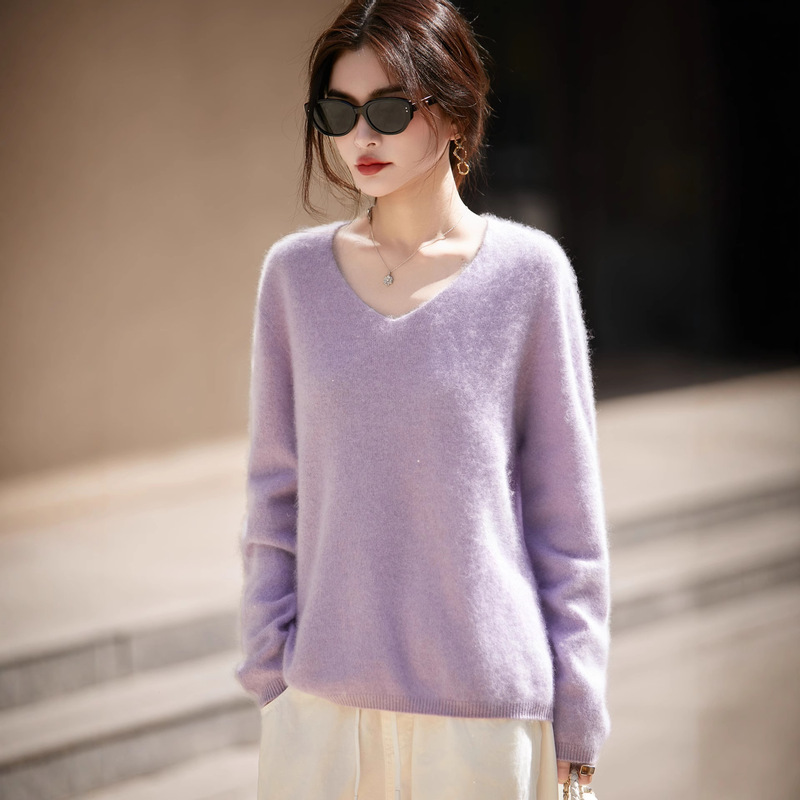 New Autumn and Winter Wool Fleece Blend Knit Pullover Long-Sleeve Sweater with Fleece Lining, Women's V-Neck Pullover Base Top