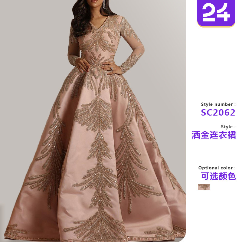 2026 New European and American Foreign Trade Women's Clothing Independent Brand Gold-Stamped Large-Sleeve Long Dress Banquet Sexy Evening Gown Pink