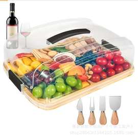 跨境木质熟食板手提野餐零食水果点心盘带盖芝士奶酪板甜品蛋糕盘