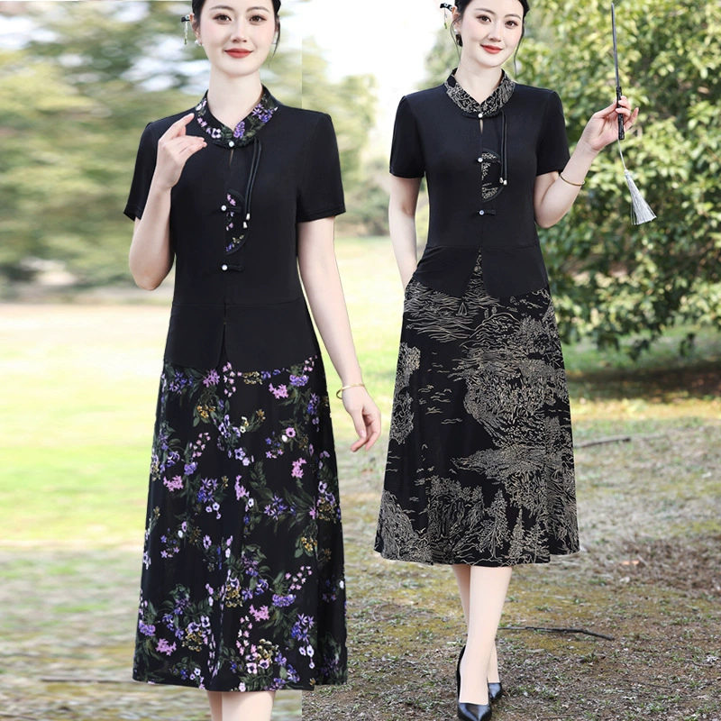 Новое платье в китайском стиле, женское летнее платье средней длины, новая искусственная юбка из двух частей для мамы, длинная юбка с цветочным принтом для женщин среднего и пожилого возраста