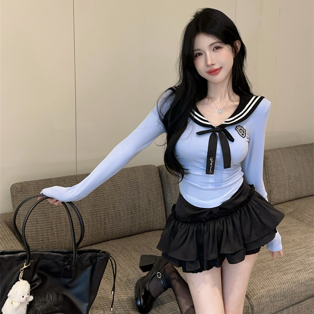 대학 스타일 JK 긴팔 최고 여성 가을 순수 달콤한 스파이스 소녀 짧은 최고급 세련된 아름다운 투피스 세트