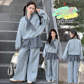 女童格子领结屁帘针织套装2026春秋新款中大童韩版休闲时尚洋气潮