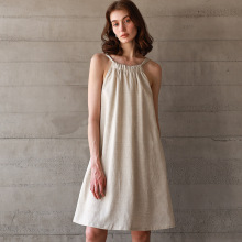 欧美棉麻吊带裙挂脖蝴蝶结系带中裙天丝亚麻背心裙夏季外贸连衣裙