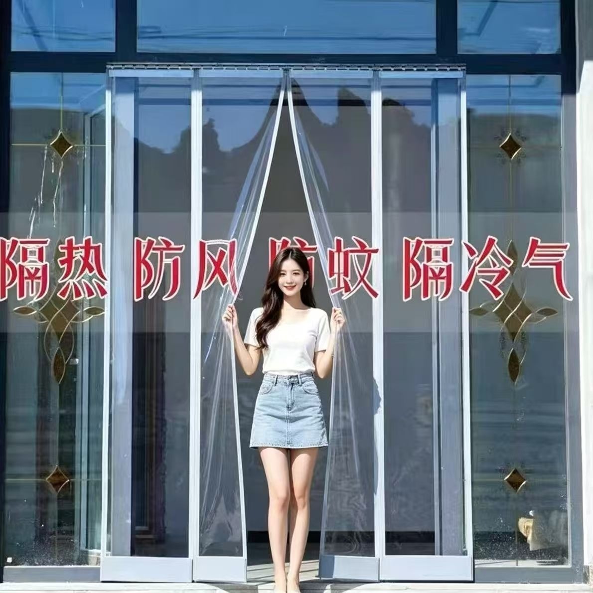 Perforated magnetic door curtain, windproof and heat-insulating for shopping malls, air-conditioned windproof magnetic summer door curtain, self-adhesive transparent door curtain, new style