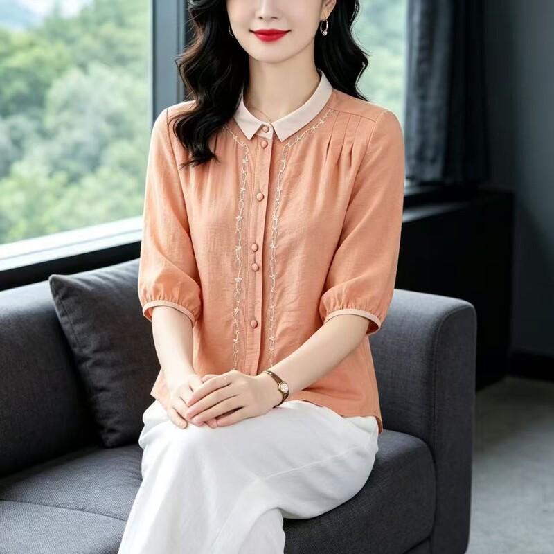 High-End Luxury Embroidered Cotton and Linen Shirt for Women, Summer Fashion, Youthful Style, Mid-Sleeve Top with a Stylish Design and Small Turn-Down Collar