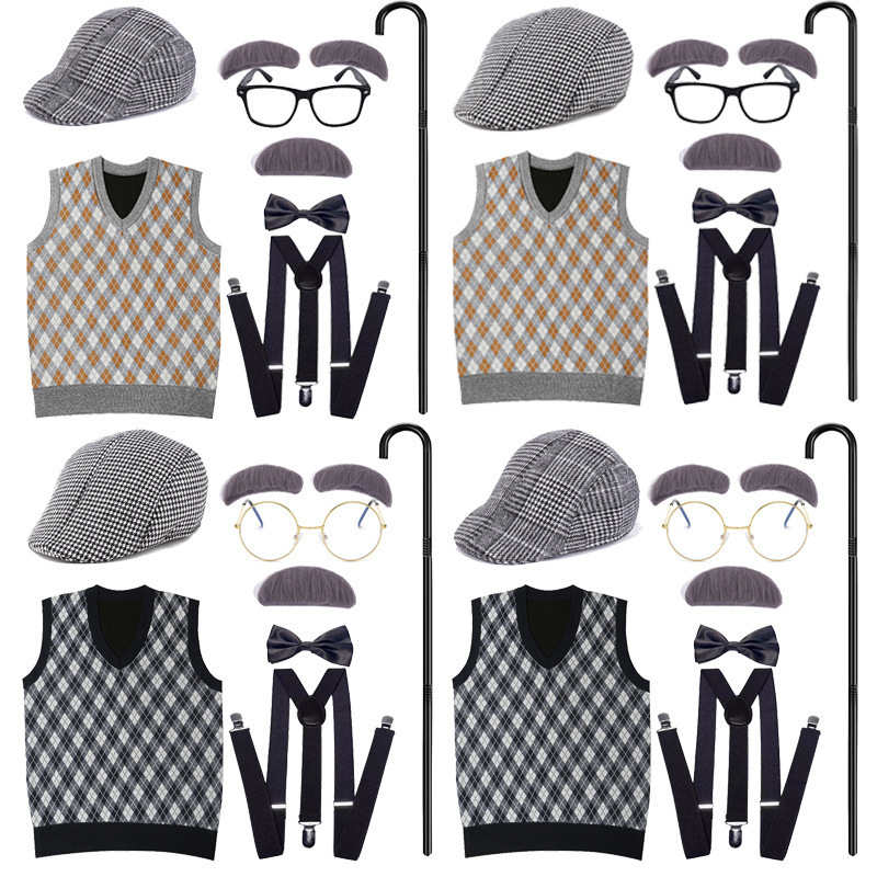 100 Days of School Cos Grandpa Wig Costume Grandma Elderly Vest Children's Festival Costume Wig