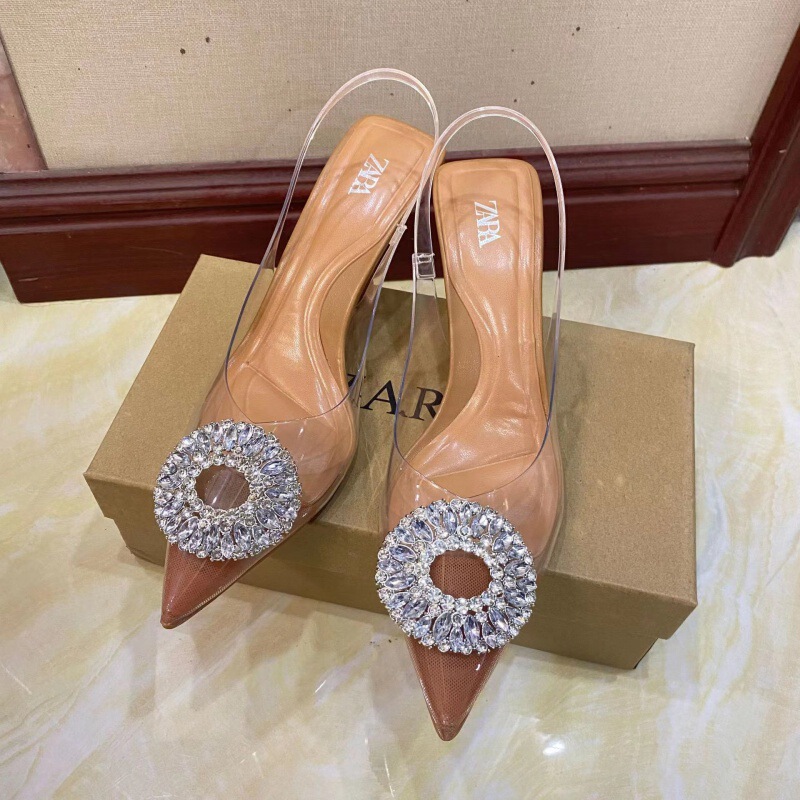 ZA New 2024 Summer Pointed Toe High Heel Sandals Women Transparent Rhinestone Temperament Mules Women Back Strap Sandals Women
