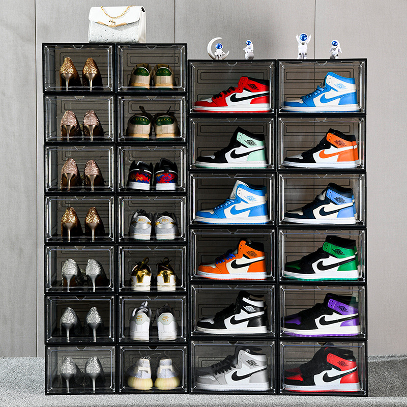 Plástico no acrílico simple estilo solapa combinación gabinete de zapatos dormitorio doméstico caja de almacenamiento de succión magnética caja de zapatos transparente al por mayor