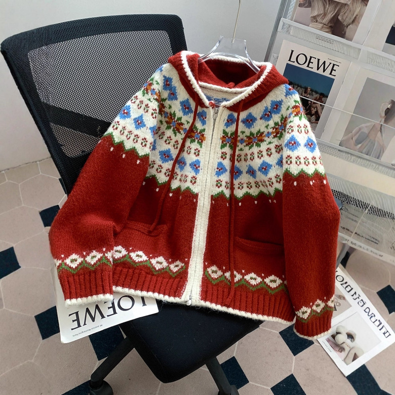Fair Isle Loose Hooded Red New Year Clothes Women's Sweater Jacket 2025 New Style Lazy Style Cardigan