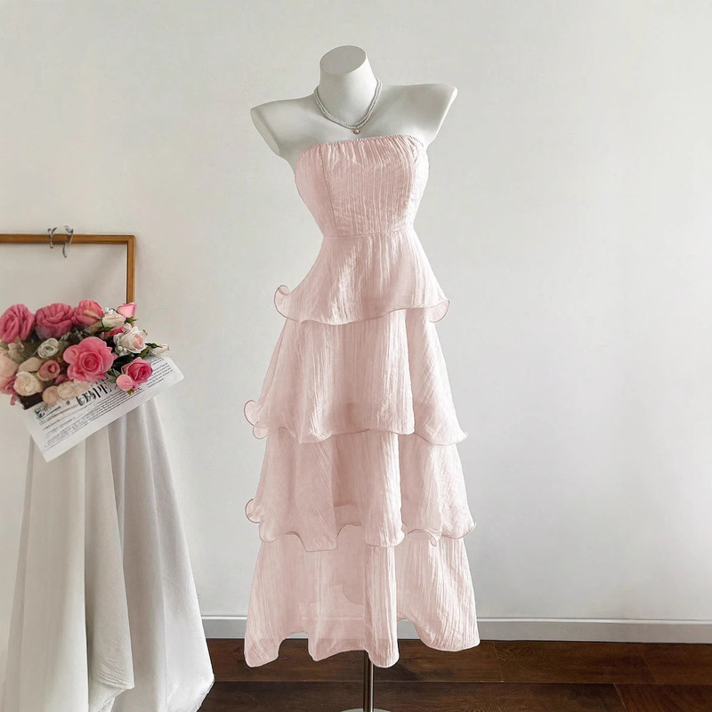 2025 New Summer Hip-Covering Skirt Slimming Look Mid-Length Skirt Cake Skirt Fairy Tube Top Pure Color Lotus Leaf Dress