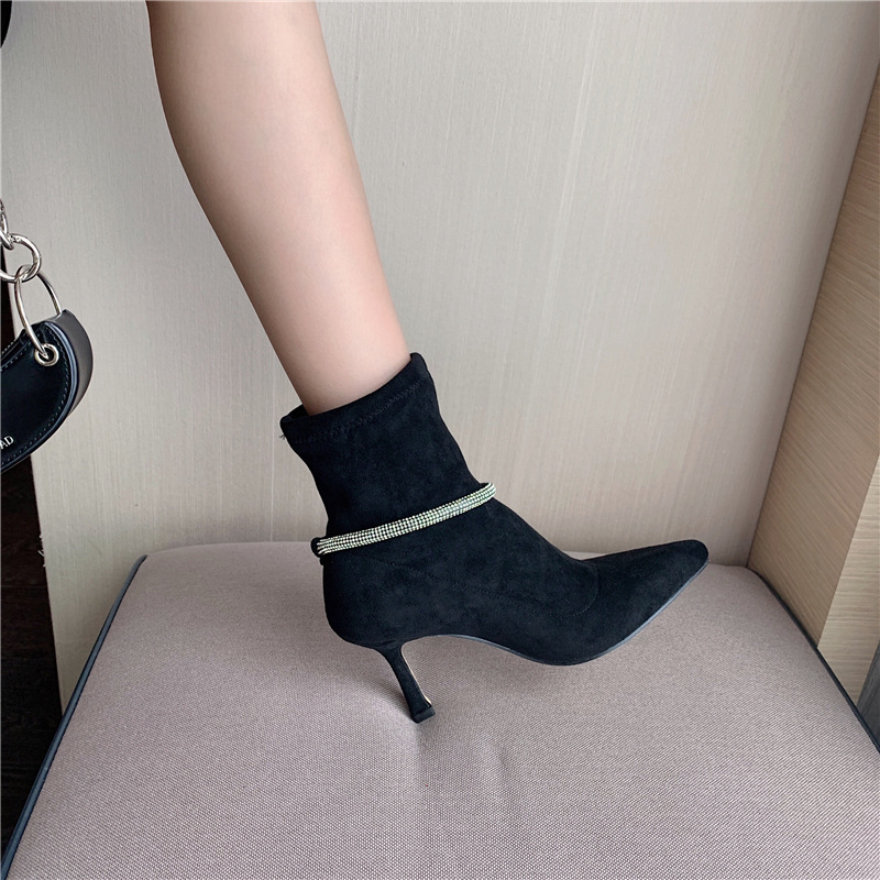 winter pointed toe rhinestone suede short stiletto boots nihaostyles wholesale clothing NSSO91619