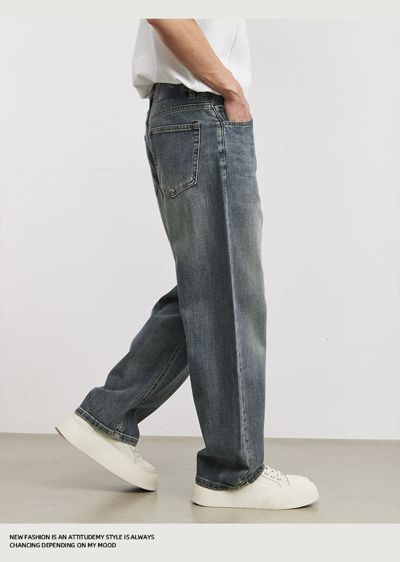 Quần jean nam ống rộng phong cách Mỹ cổ điển, hiệu ứng làm cũ, vải denim mềm mại — Màu xanh da trời chi tiết 8