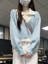 学院风POLO领韩系针织衫毛衣外套短款两件套慵懒宽松显瘦上衣
