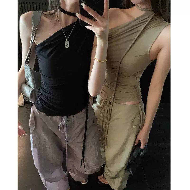 斜肩无袖小衫女夏季设计感小众编织飘带衬衫辣妹露肩上衣女送飘带