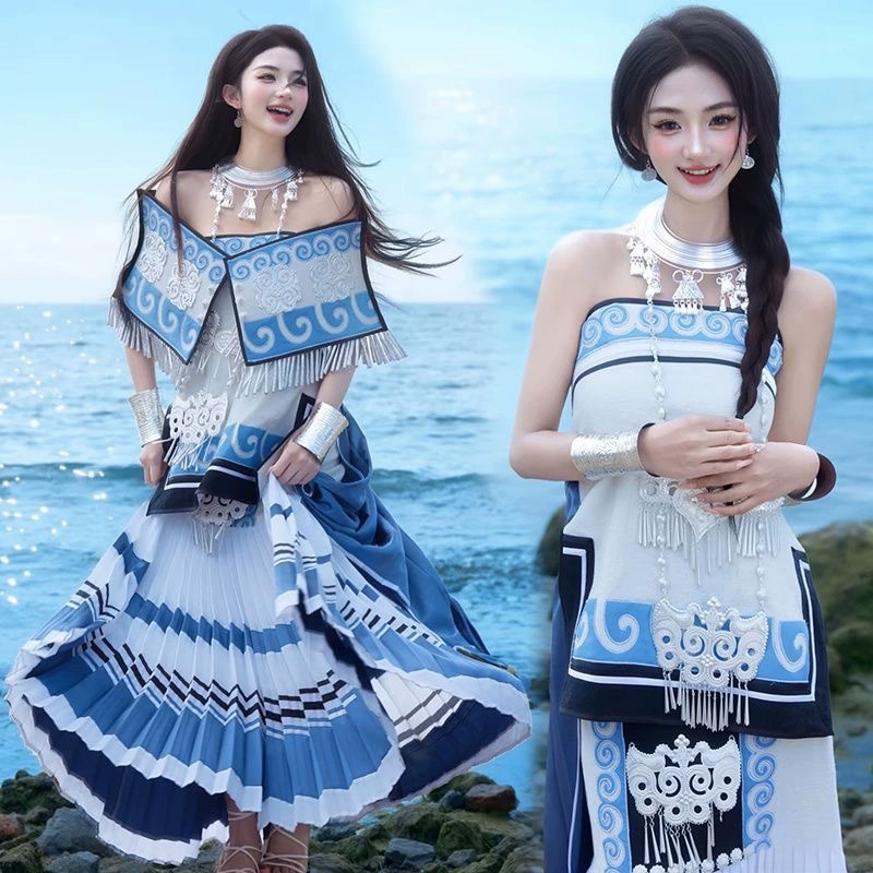 Юньнань Лицзян Иэ этническая одежда с вышивкой, длинное платье без бретелек с открытыми плечами, Сычуань Ляньшань Фестиваль факелов, фотосессия.