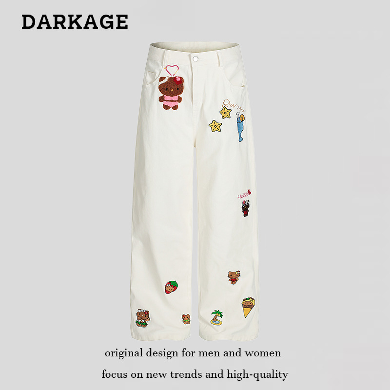 Cute Hello Kitty Embroidered Straight Casual Pants for Women 2025 New Autum Loose Wide-Leg Versatile Jeans