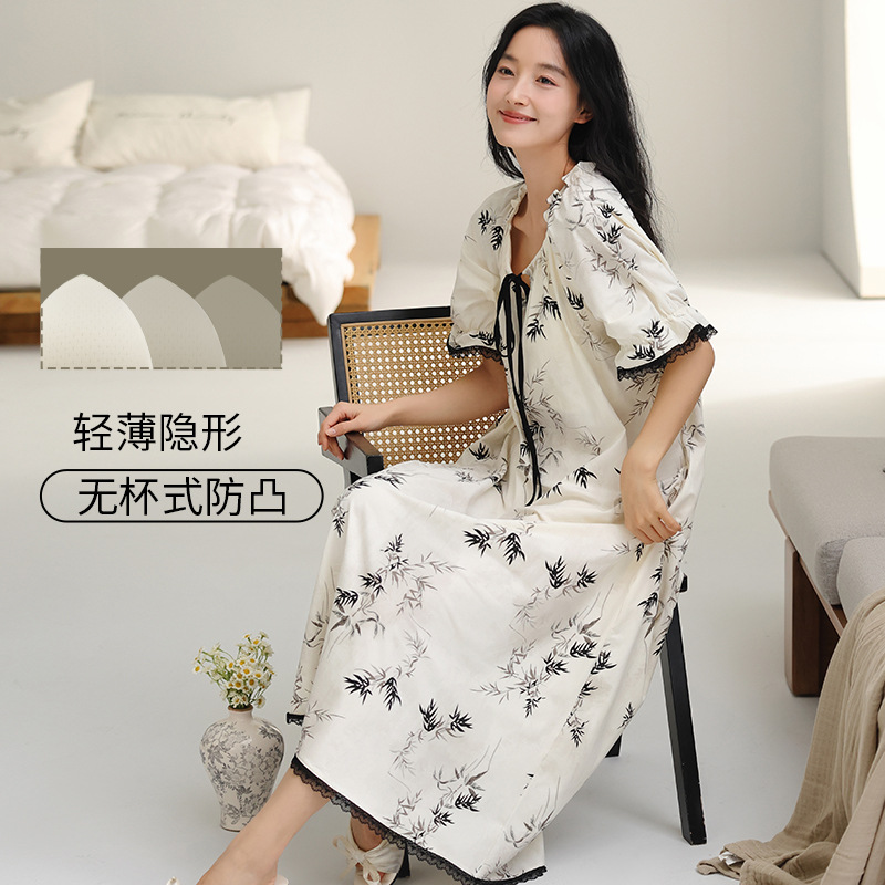 Pijama de algodón para mujeres con cojín de pecho pijama de mangas cortas 2025 nuevo vestido de cuello redondo se puede usar ropa de hogar grande