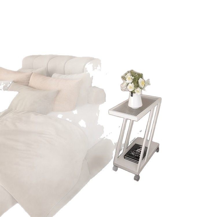Estante de almacenamiento al lado de la cama de dormitorio pequeño sofá estrecho sala de estar mesa de té de vidrio en forma de Z mesa