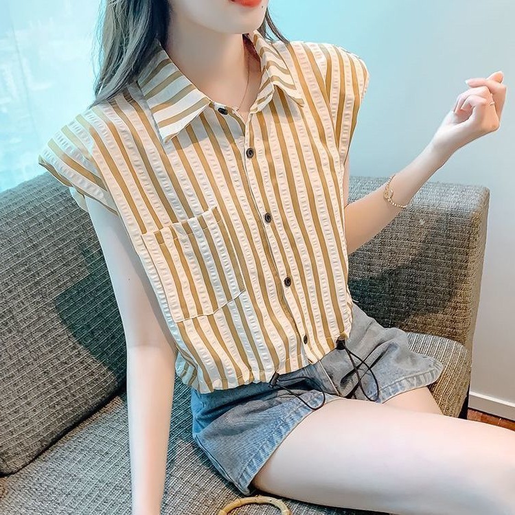 Feifei Sleeve Striped Shirt 2025 New Summer Design Sense Niche Drawstring French Short Sleeveless Top for Women