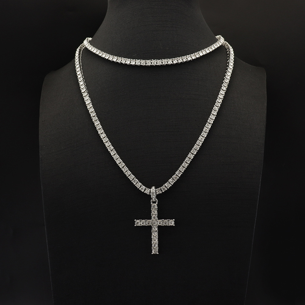 10g Weight Alloy Pendant Material Rhinestones Inlay Material Pendant Necklace Classification Alloy Chain Material Tennis Chain Chain Type Street Occasion Alloy Material Cross Pattern Unisex Gender Retro, Punk Style Ornament Simple  Style Full Diamond Single Row Diamond Tennis Chain Men's And Women's Big Cross Pendant Necklace 10