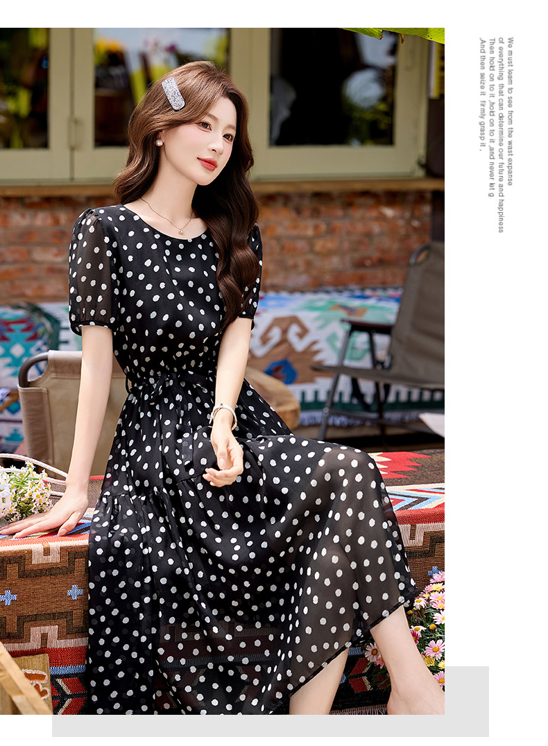 Đầm maxi nữ thắt eo chấm bi tay ngắn phong cách thời trang — màu đen, màu trắng chi tiết 15