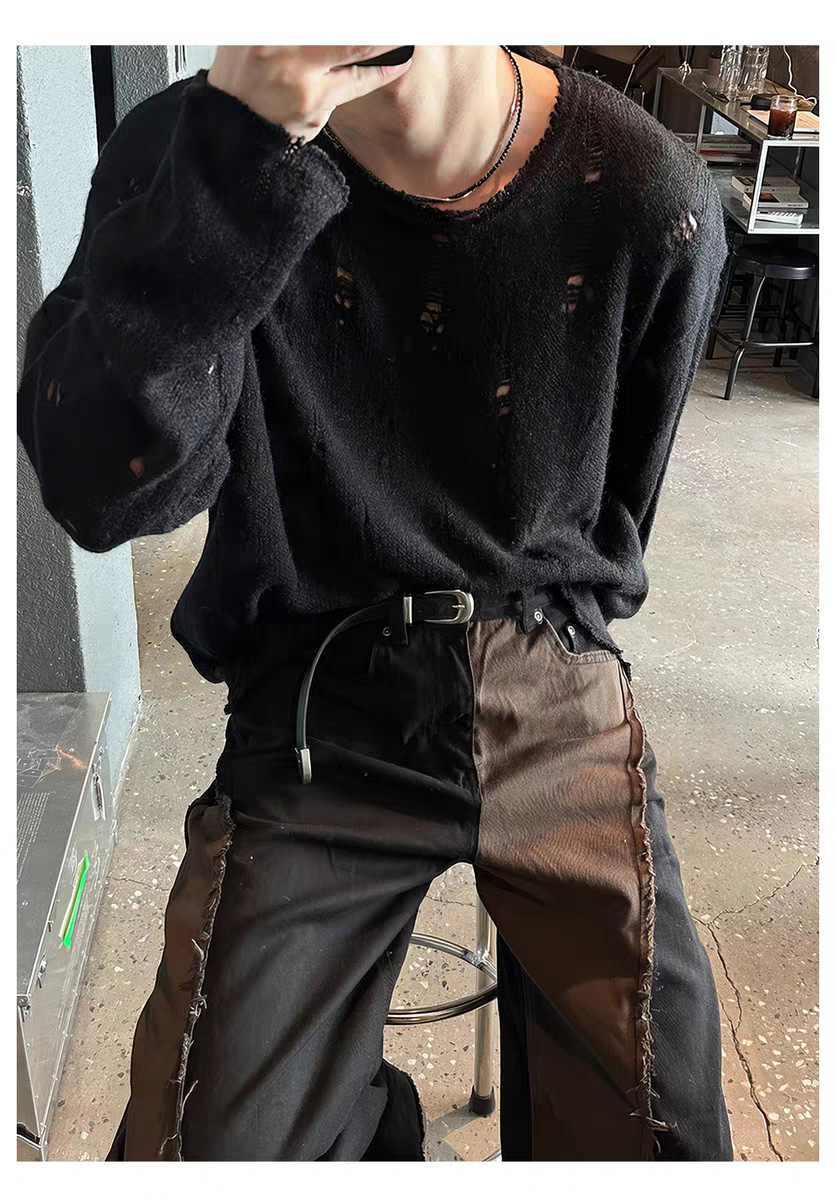 Herrenbekleidung: Herren-Strickpullover im Used-Look mit Spitzenbesatz und übergroßem Kragen – Trendiger Langarmpullover für Streetwear und Lagenlook_voghion.com