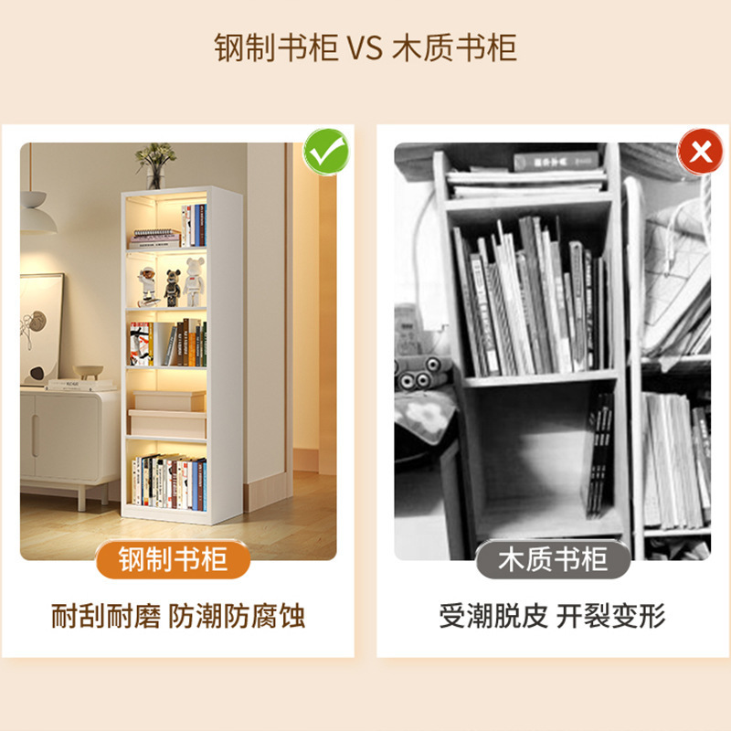 家庭用鋼製本棚が床に落ちた多層本棚が一体になって壁に寄りかかってコーナーを挟んで収納している子供の鉄芸棚|undefined