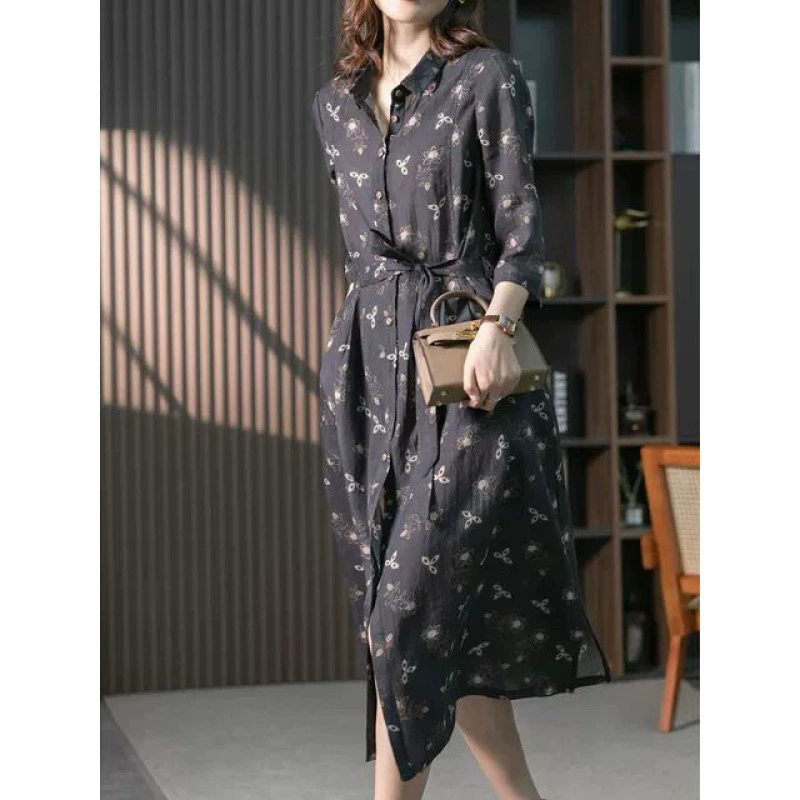 2025 Весна Лето Ретро Свободный Большой размер Женская шнуровка с тонкими цветками Рами рубашка платье