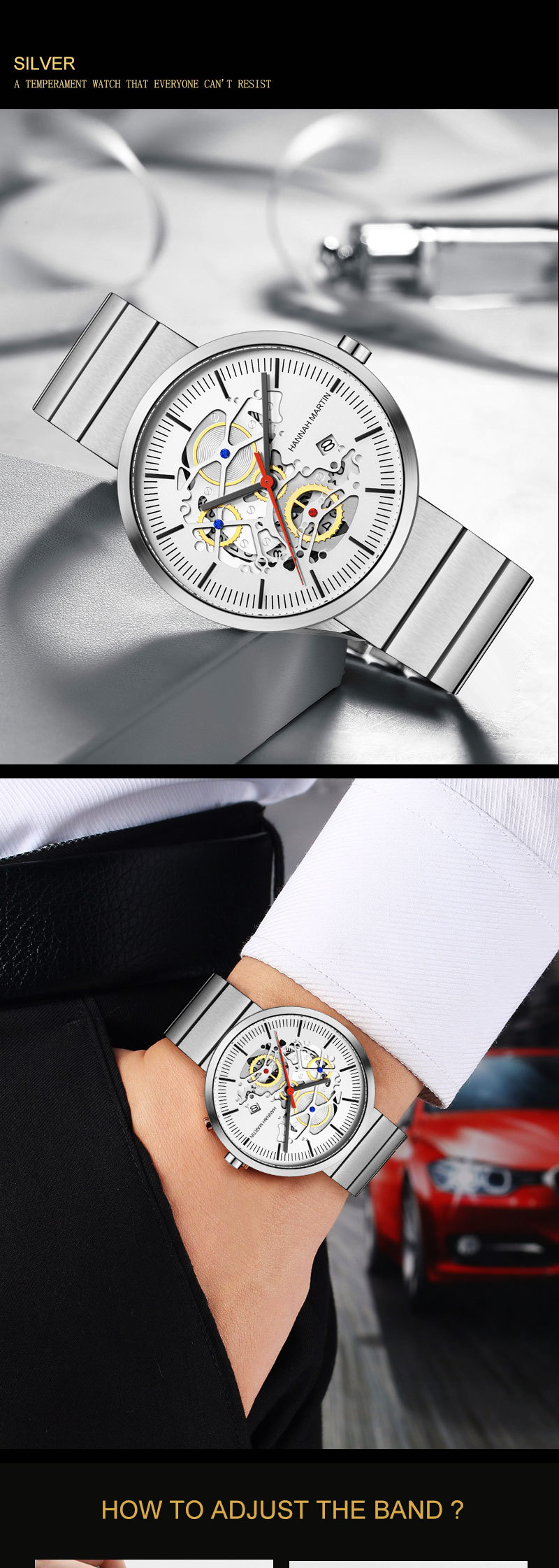 Popolare 2024 Nuovo orologio dal design cavo Orologio al quarzo con calendario Orologio al quarzo con cinturino in acciaio con giunto di bambù_voghion.com