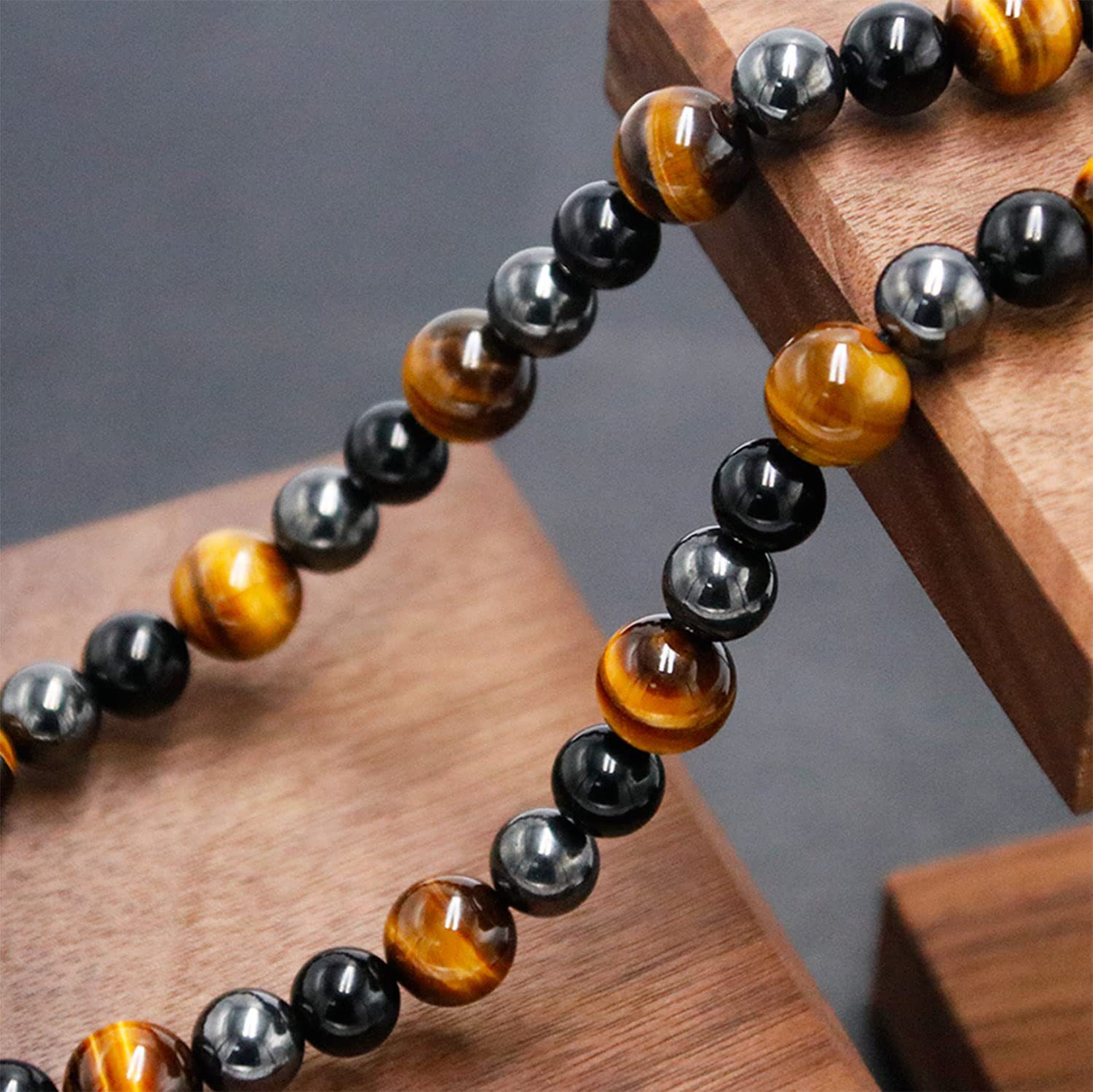 8mm Obsidian Tiger Eye Hematite Beaded Necklace Men's Triple Protection Natural Stone