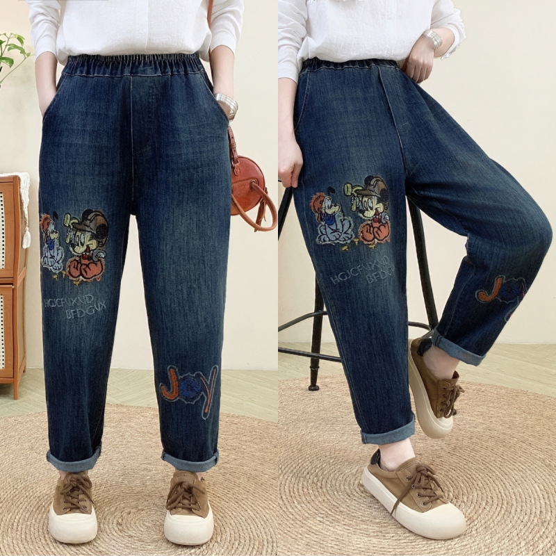 文学レトロ花刺繍ストレッチジーンズ女性の春夏の新しいルーズプラスサイズスリム多用途ハーレムパンツ|undefined