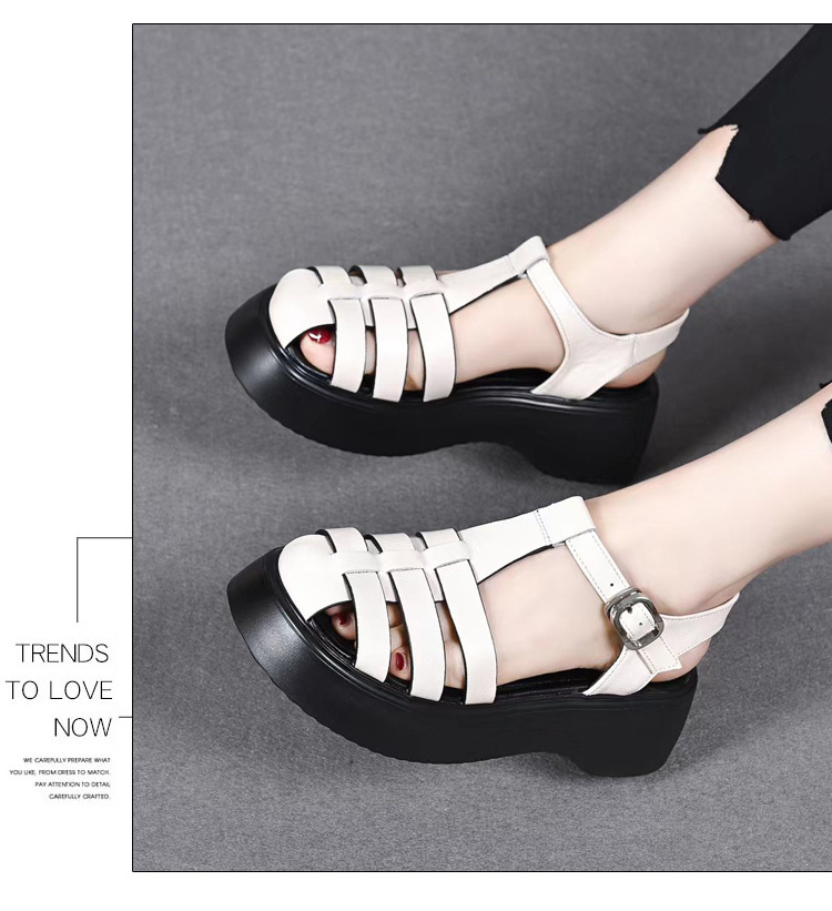 Dép sandal nữ đế dày da thật kiểu La Mã, mũi kín đan xương cá, đi biển mùa hè — Màu đen chi tiết 17