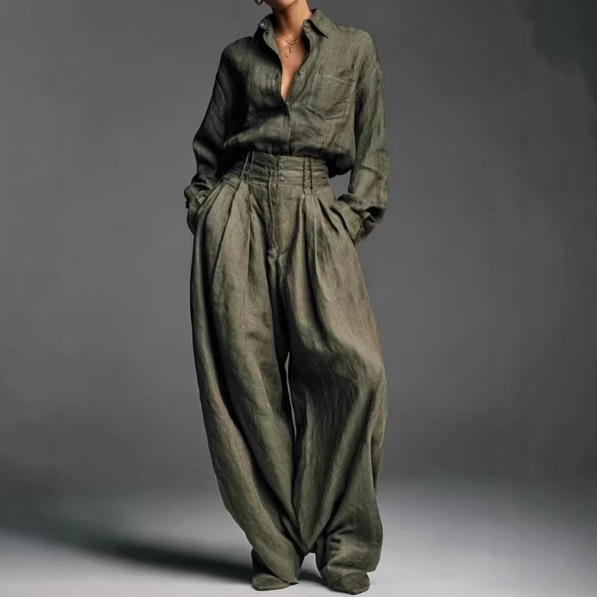 Zweiteiliges Set von Independent Brand im europäisch-amerikanischen Stil: Hemd und Hose, Strickjacke, langärmelig, locker geschnitten_voghion.com