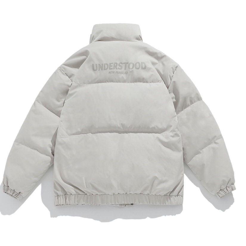 Chaqueta acolchada estilo coreano y japonés para hombre, invierno 2024, nueva, estilo panadero, versátil, moderna, con cuello alto, estampada, de algodón.