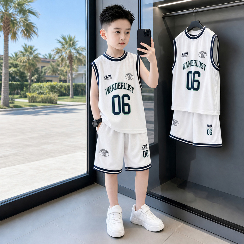 Boys' Summer Outfit 2026 New Basketball Suit Quick-Dry Sleeveless Sports Vest and Shorts Two-Piece Set for Older Children