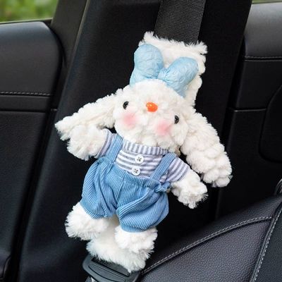 Fairy Rabbit Car Safety Belt Protective Cover Anti-Neck High-Level Girl's Cute Plush Doll Car Shoulder Cover (Sürətlər qutusu və əl tormozu başlıqları) - lop-eared-rabbit-white-velvet-shoulder-cover-blue-knot-buttons-gray-and-white-t-blue-overalls