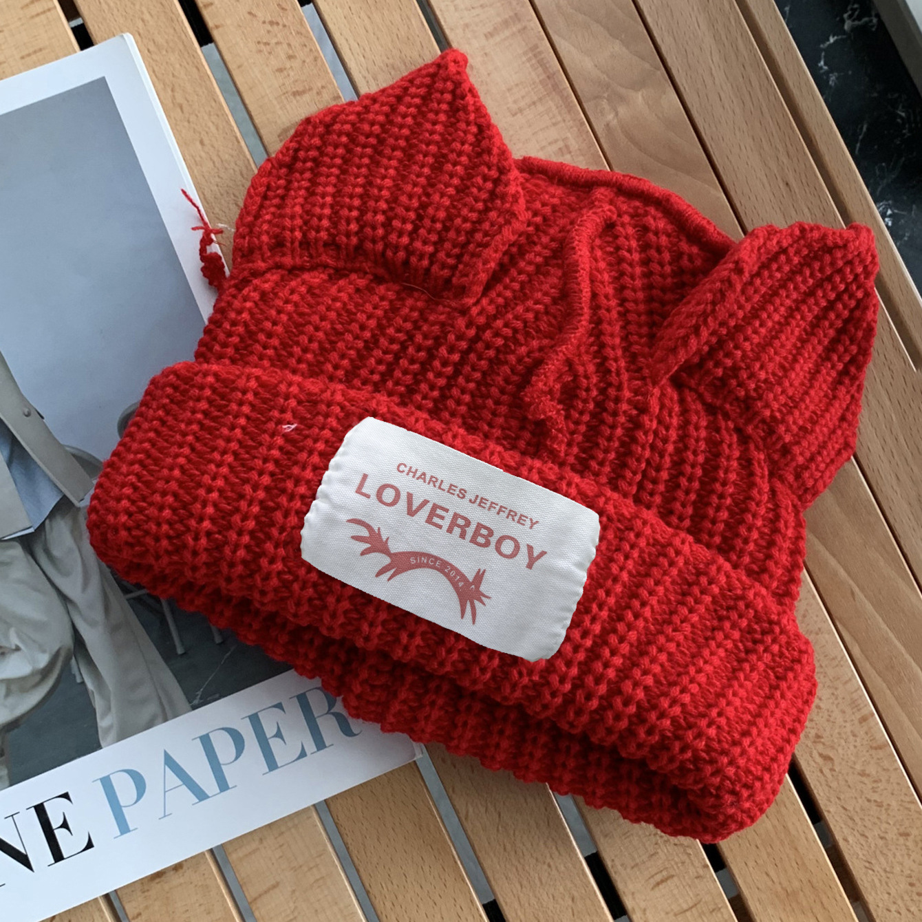 Gross LOVEBOY etiqueta gorra de tejido orejas de gato gorra de tejido mujer gorra de tejido estilo coreano amplio bordado gorra de lana caliente