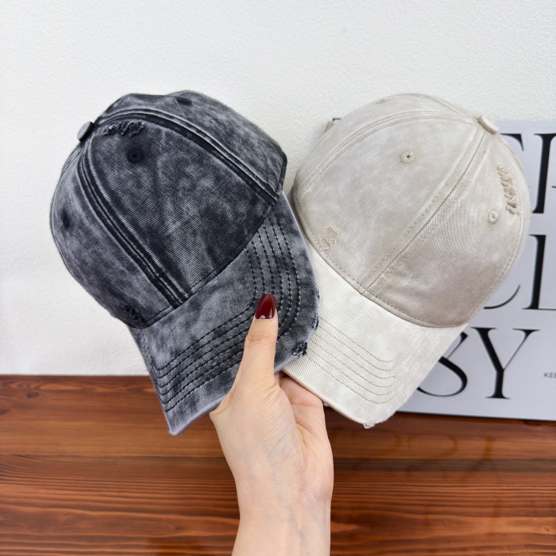 Vintage Distressed Baseball Cap for Women with Large Head Circumference, Washed Cotton Gradient Denim Wide Brim Duckbill Cap, Face-Slimming Hat for Men