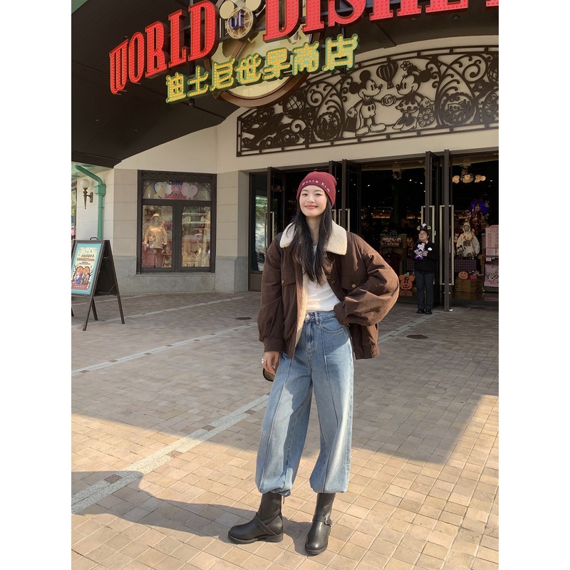 pusumede美式复古灯芯绒外套女秋冬仿羊羔毛翻领棉衣工装夹克上衣|undefined