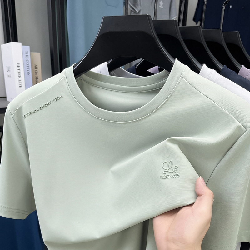 涼しい通気性のある生地ラウンドネック半袖 Tシャツメンズ夏ルーズカジュアルアイスシルク半袖 Tシャツ紳士服|undefined