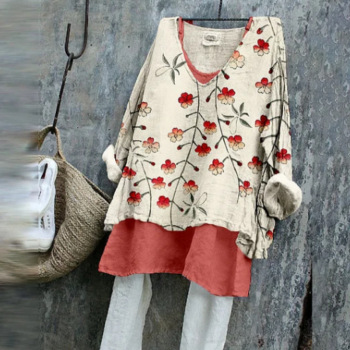 قميص نسائي طويل بأكمام مطبوعة بنقشة زهور فضفاض