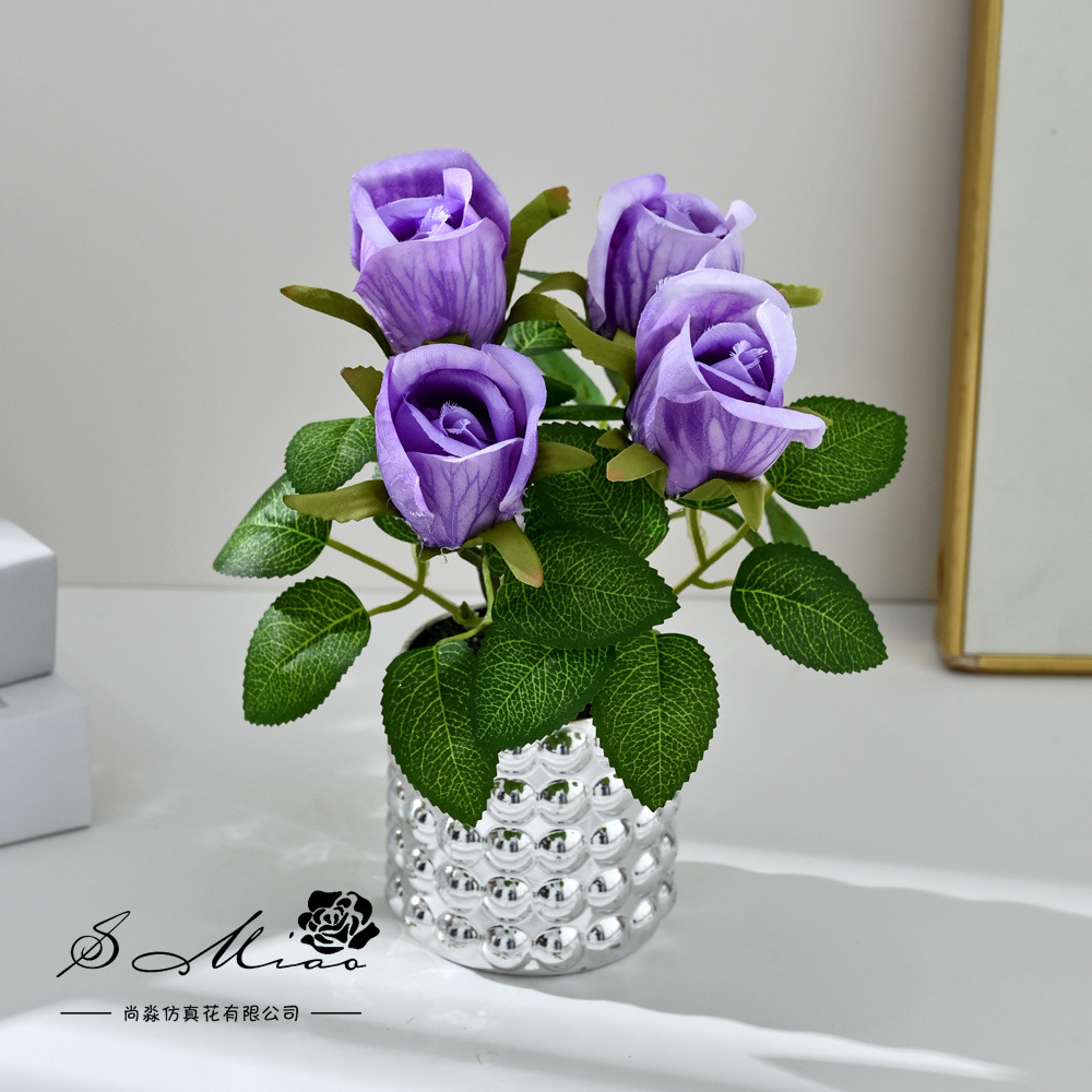 Transfronterizos de 4 cabezas de flores falsas de bonsai moda imitación de maceta decoración del hogar fotografía ornamentos de flores artificiales de boda image 1