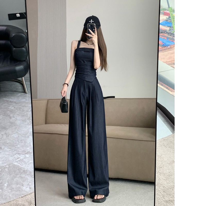 Thin Denim Suit Cross-Border 2025 New Elegant Versatile Camisole High-Waisted Straight Wide-Leg Pants Two-Piece Set