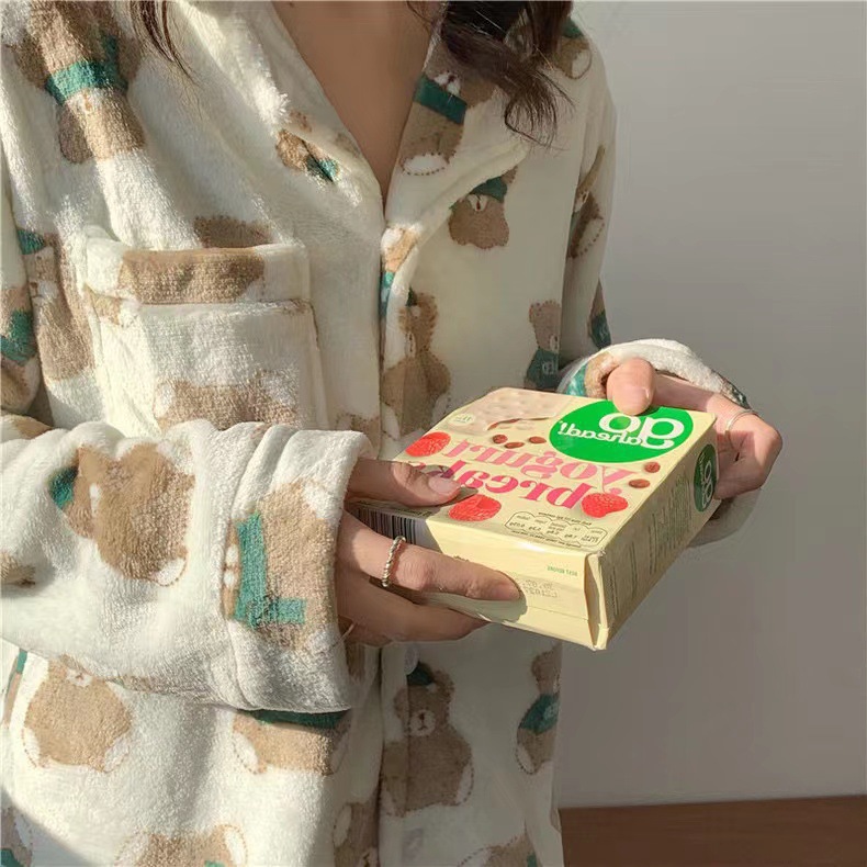 Pequeño conejito pijama de lana de coral para mujer traje de cárdigan de felpa de invierno estilo coreano dulce franela de dibujos animados ropa de hogar otoño