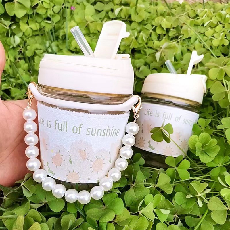 水杯女手提珍珠杯伴手禮鬱金香杯子便攜牛奶咖啡杯玻璃禮品吸管杯