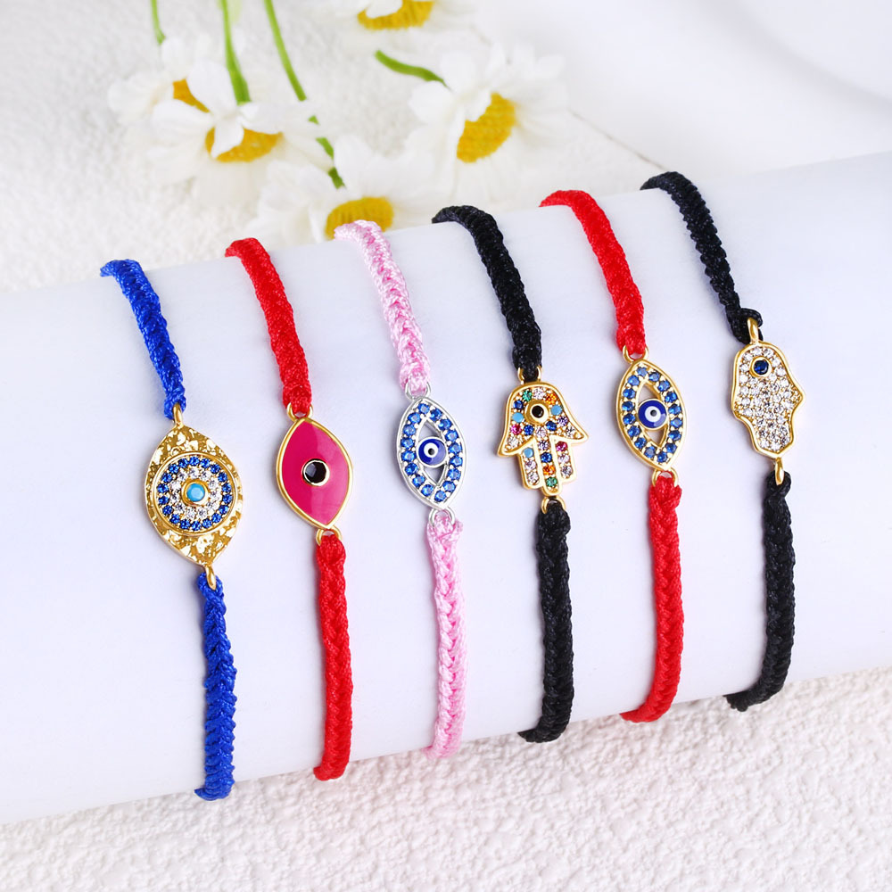 亚马逊爆款保色电镀镶钻手工编织土耳其蓝眼恶魔之眼手掌手链饰品